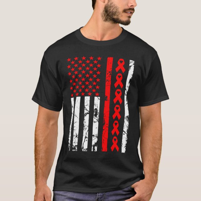 Heart Disease Awareness Red Ribbon American Flag U T-Shirt (Front)