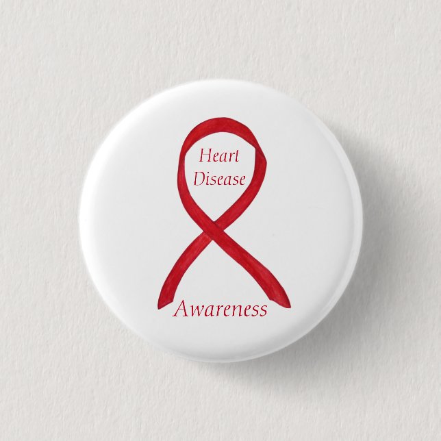 Heart Disease Awareness Red Ribbon Custom Pin (Front)