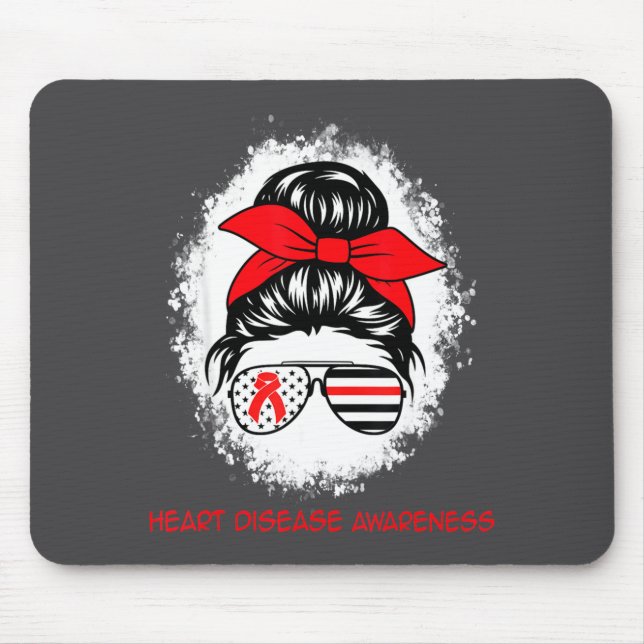 Heart Disease Awareness Red Ribbon Heart Messy Bun Mouse Mat (Front)