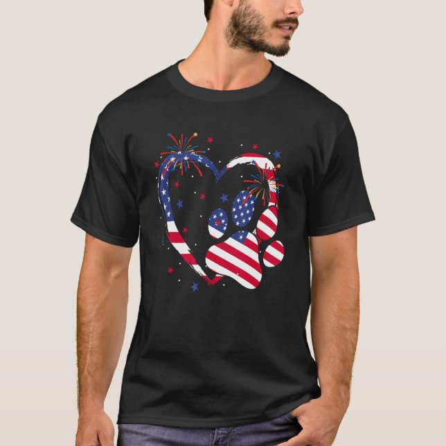 Heart Dog Paw American Flag Firework 4th Of July P T-Shirt (Front)