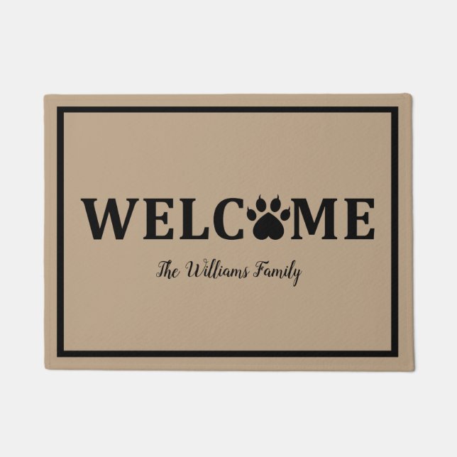 Heart Dog Paw Print - WELCOME- Personalised Doormat (Front)