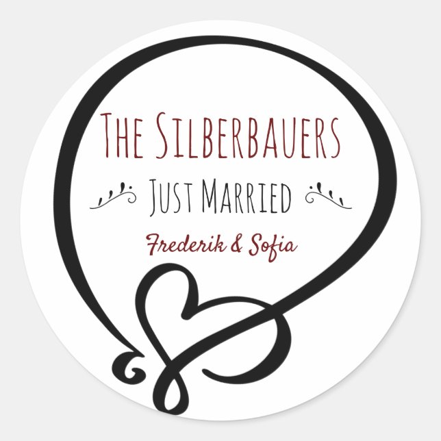 Heart Doodle, Just Married, Couple's Name Classic Round Sticker (Front)