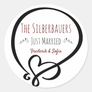 Heart Doodle, Just Married, Couple's Name Classic Round Sticker