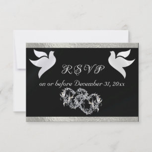 Heart, Doves & Ribbon - Black/Silver RSVP Card