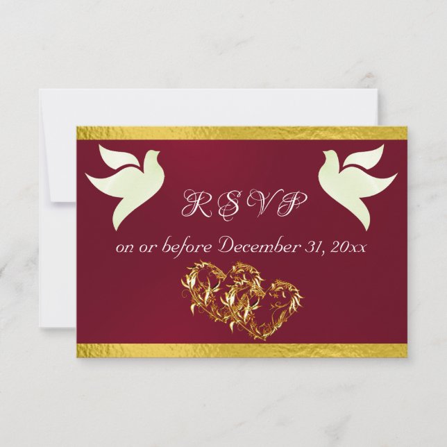 Heart, Doves & Ribbon - Burgundy/Gold RSVP Card (Front)