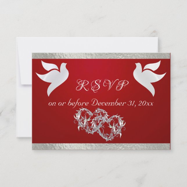Heart, Doves & Ribbon - Crimson/Silver RSVP Card (Front)