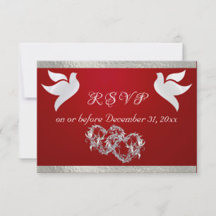 Heart, Doves & Ribbon - Crimson/Silver RSVP Card