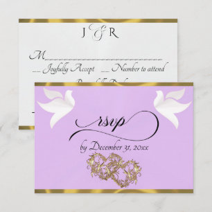Heart, Doves & Ribbon - Lavender/Gold RSVP Card