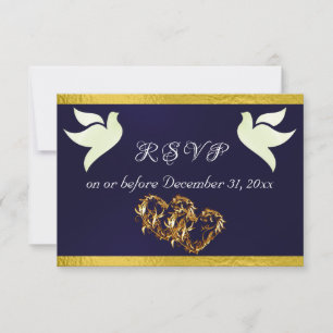 Heart, Doves & Ribbon - Navy/Gold RSVP Card