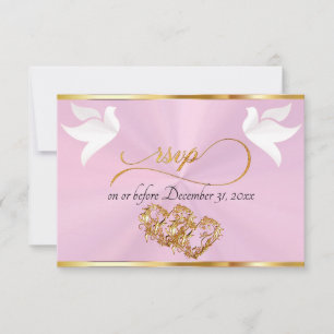 Heart, Doves & Ribbon - Pastel Pink/Gold RSVP Card