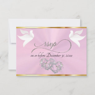 Heart, Doves & Ribbon - Pastel Pink/Silver RSVP Card