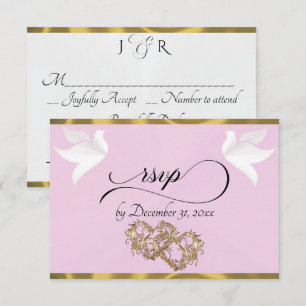 Heart, Doves & Ribbon - Pink Pearl/Gold RSVP Card