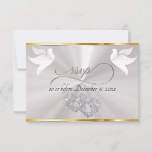 Heart, Doves & Ribbon - White Pearl/Silver RSVP Card