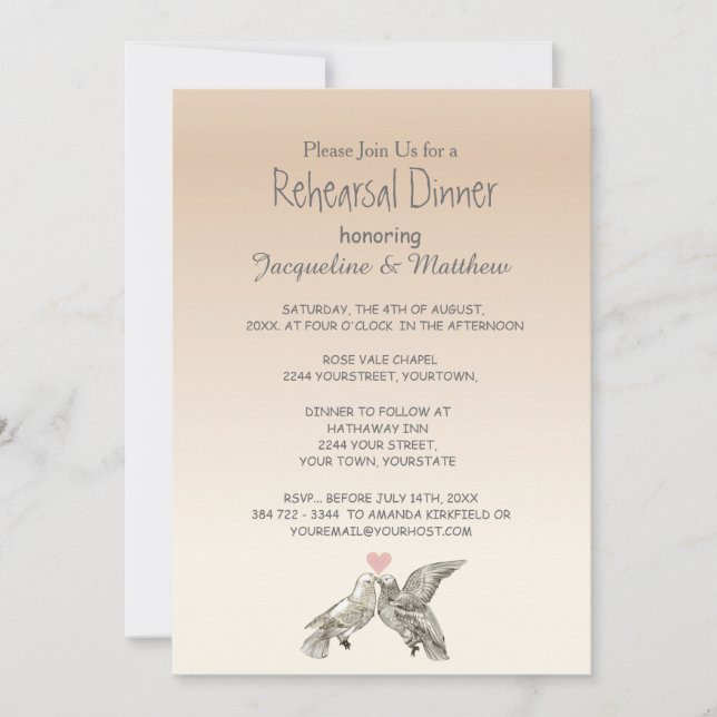 Heart Doves Rose Pink Floral Rehearsal Dinner Invitation (Front)
