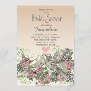 Heart Doves Rose Pink Romance Bridal Shower Invitation