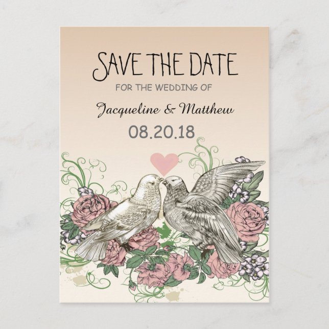 Heart Doves Rose Pink Romance - Save the Date Announcement Postcard (Front)