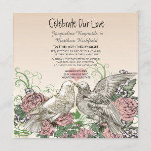 Heart Doves Rose Pink Romance Wedding Invitation