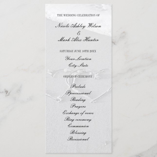 Heart drawn in beach sand wedding ceremony program programme (Front)