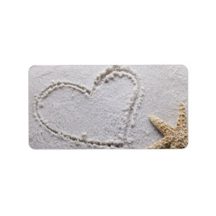Heart Drawn in Sand at Beach w Starfish Template Label