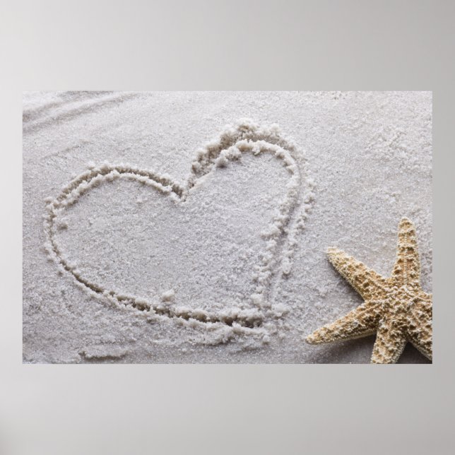 Heart Drawn in Sand at Beach w Starfish Template Poster (Front)