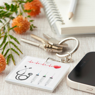 Heart ECG Monitor with Stethoscope and Syringes Key Ring