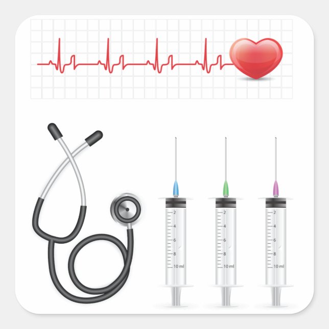 Heart ECG Monitor with Stethoscope and Syringes Square Sticker (Front)