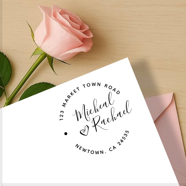 Heart & Elegant Round Text Wedding Return Address  Rubber Stamp (Creator Uploaded)