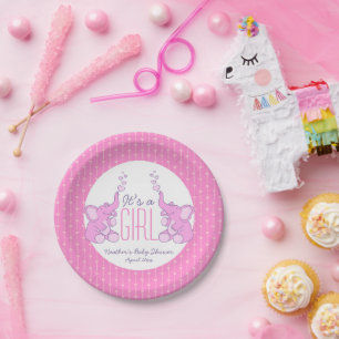 Heart elephants girl baby shower paper plates