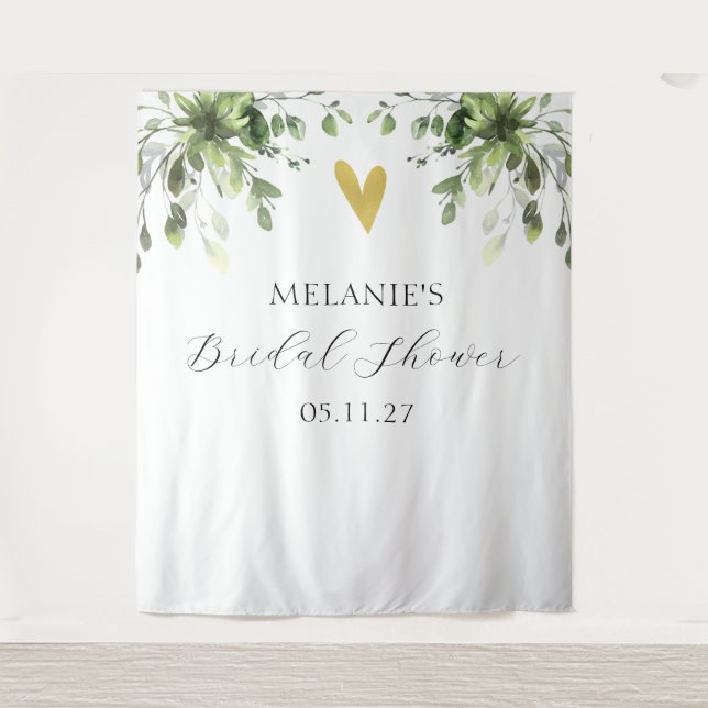 Heart Eucalyptus Greenery Bridal Shower Backdrop Tapestry (Front)