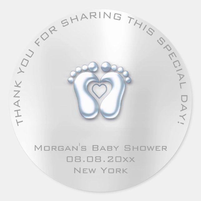 Heart Feet Baby Shower Favour Boy Thank Grey Blue Classic Round Sticker (Front)