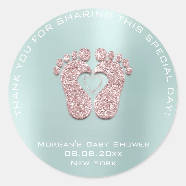 Heart Feet Baby Shower Favour Gift Thank Aqua Pink Classic Round Sticker (Front)