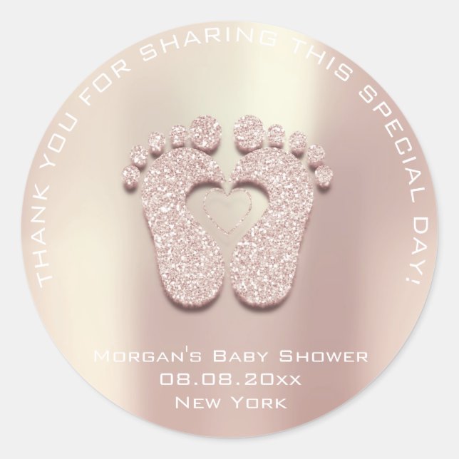 Heart Feet Baby Shower Favour Gift Thank Rose Gold Classic Round Sticker (Front)