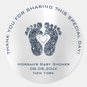 Heart Feet Baby Shower Favour Thank Blue Navy Classic Round Sticker