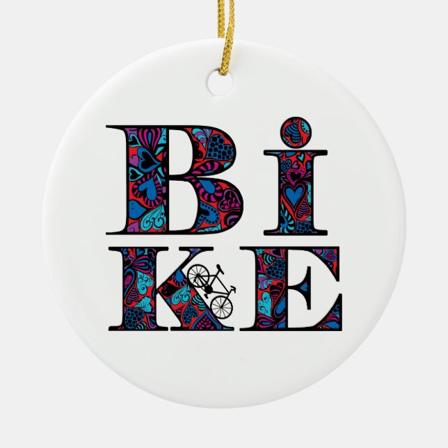 Heart Filled Bike Text Ceramic Tree Decoration (Front)