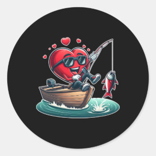 Heart Fishing Valentines Day Men Womens Boys Girls Classic Round Sticker