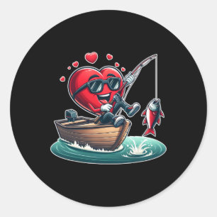 Heart Fishing Valentines Day Men Womens Boys Girls Classic Round Sticker