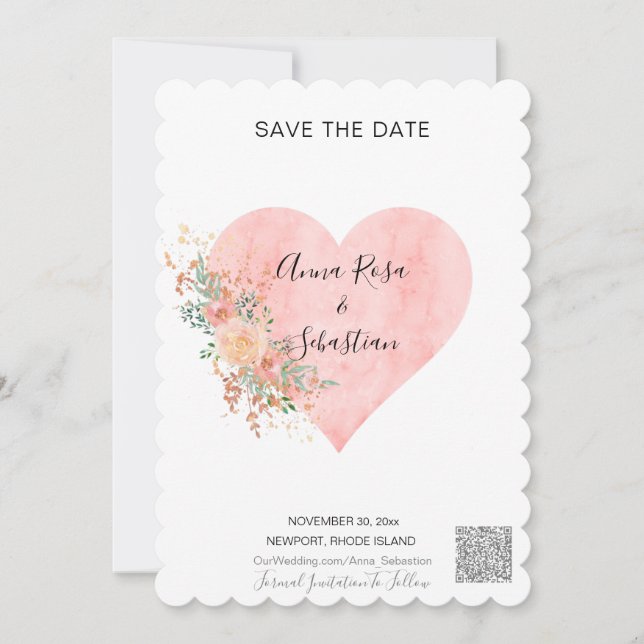 *~* Heart Floral AR6 WEDDING SAVE the DATE QR Invitation (Front)