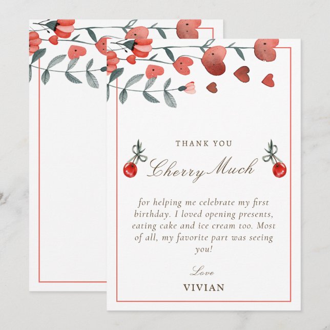 Heart Floral Cherry On Top Birthday Thank You Card (Front/Back)