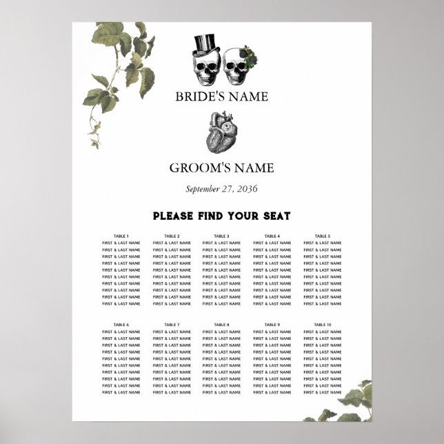 Heart Floral Skulls Wedding Seating Chart (Front)