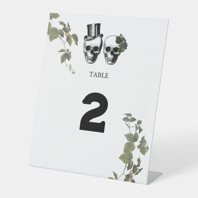 Heart Floral Skulls Wedding Table Number Pedestal Sign (Front)