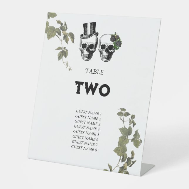 Heart Floral Skulls Wedding Table Number Pedestal Sign (Front)