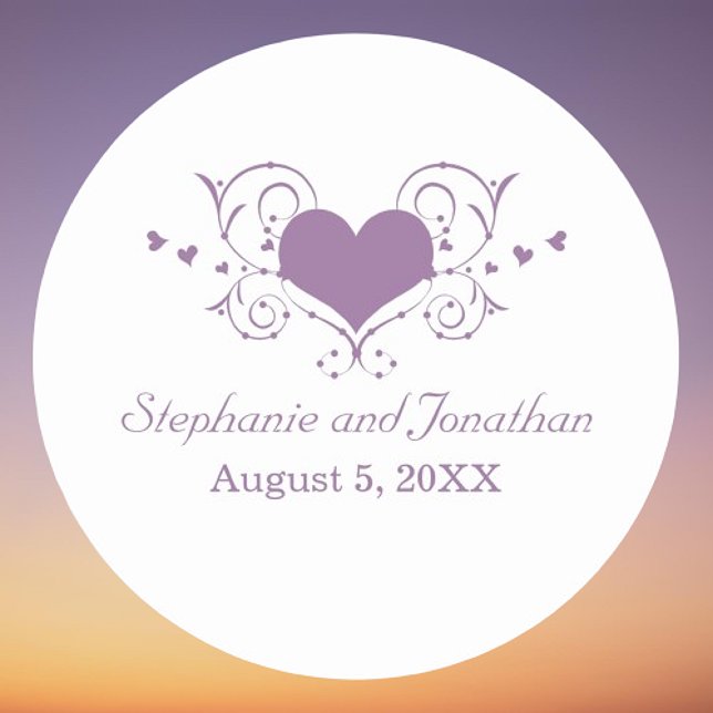 Heart Flourish Wedding Stickers, Purple Classic Round Sticker (Heart Flourish Wedding Stickers | Purple)