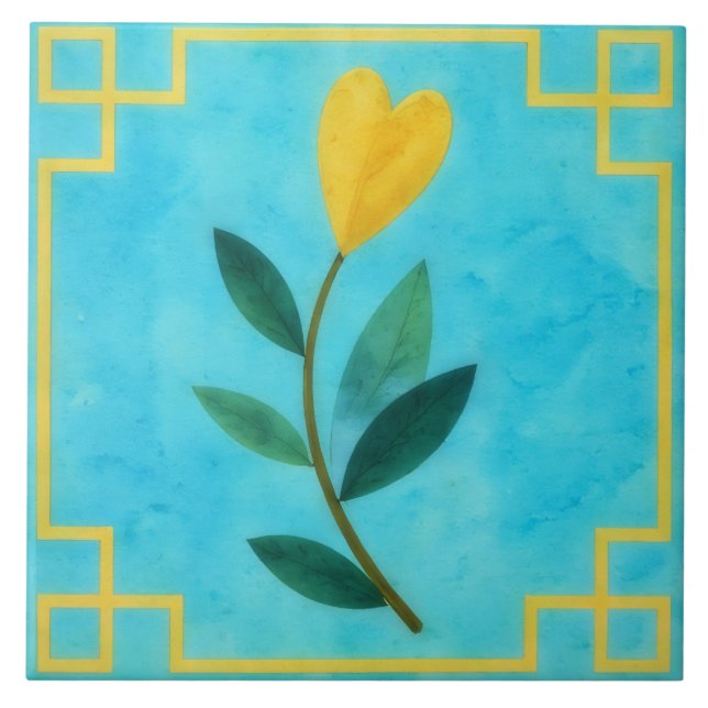 Heart Flower Gold Turquoise Floral Decorative Tile (Front)