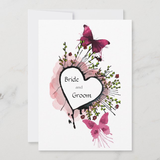 Heart, flowers and butterflies Invitation (Front)