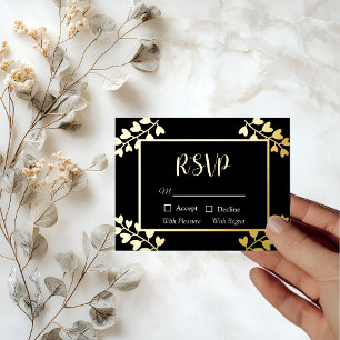 Heart Flowers on Black Gold RSVP Card