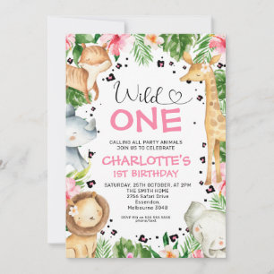 Heart Font Floral Foliage Safari Wild One Birthday Invitation