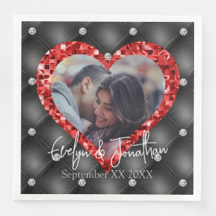 Heart Frame Custom Photo Black & Red Diamonds Napkin