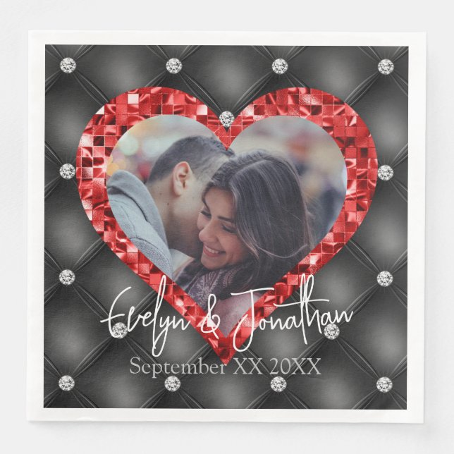 Heart Frame Custom Photo Black & Red Diamonds Napkin (Front)
