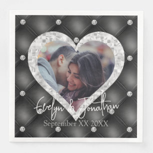 Heart Frame Custom Photo Black & Silver Diamonds Napkin