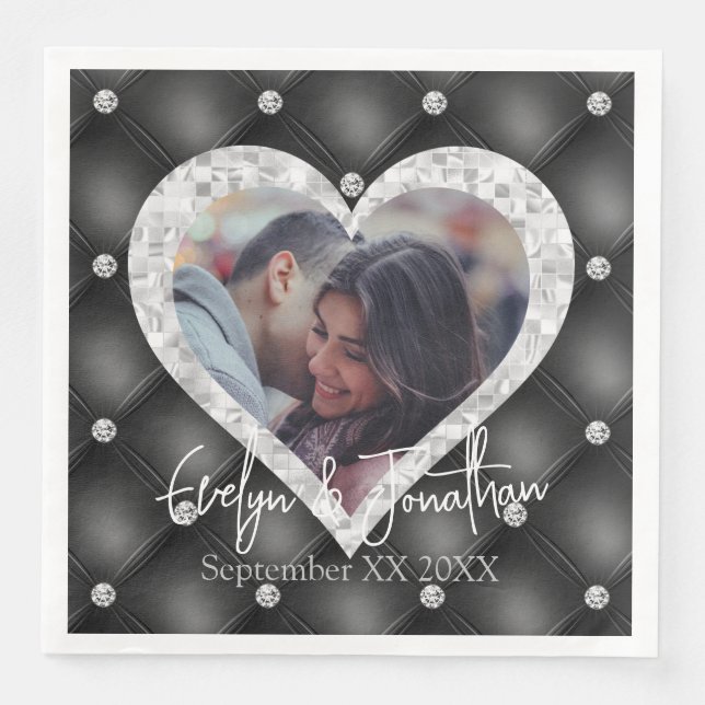 Heart Frame Custom Photo Black & Silver Diamonds Napkin (Front)